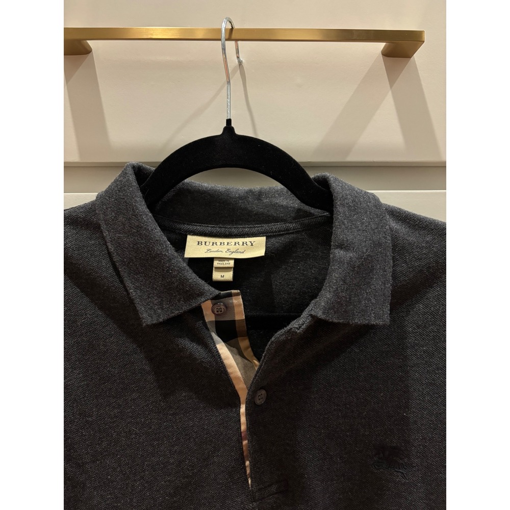 Burberry Mens Long Sleeve Polo Shirt Charcoal Grey House Check Size Medium - Picture 2 of 3